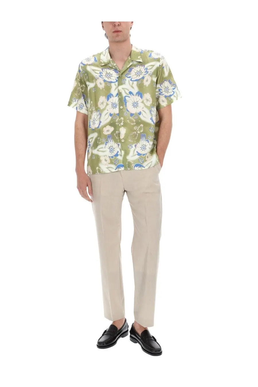 Ps by paul smith men’s olive green short-sleeved casual button-up shirt with white and blue floral pattern