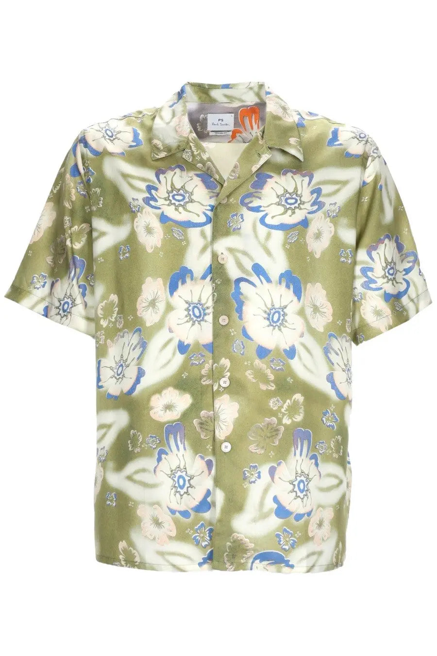 Ps by paul smith men’s olive green short-sleeved casual fit shirt with vibrant white and blue floral pattern