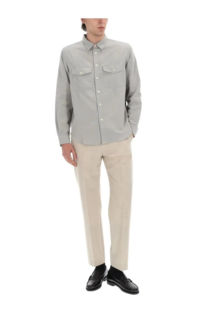Ps by Paul Smith men’s casual fit grey long-sleeved shirt with chest pockets and subtle textured fabric