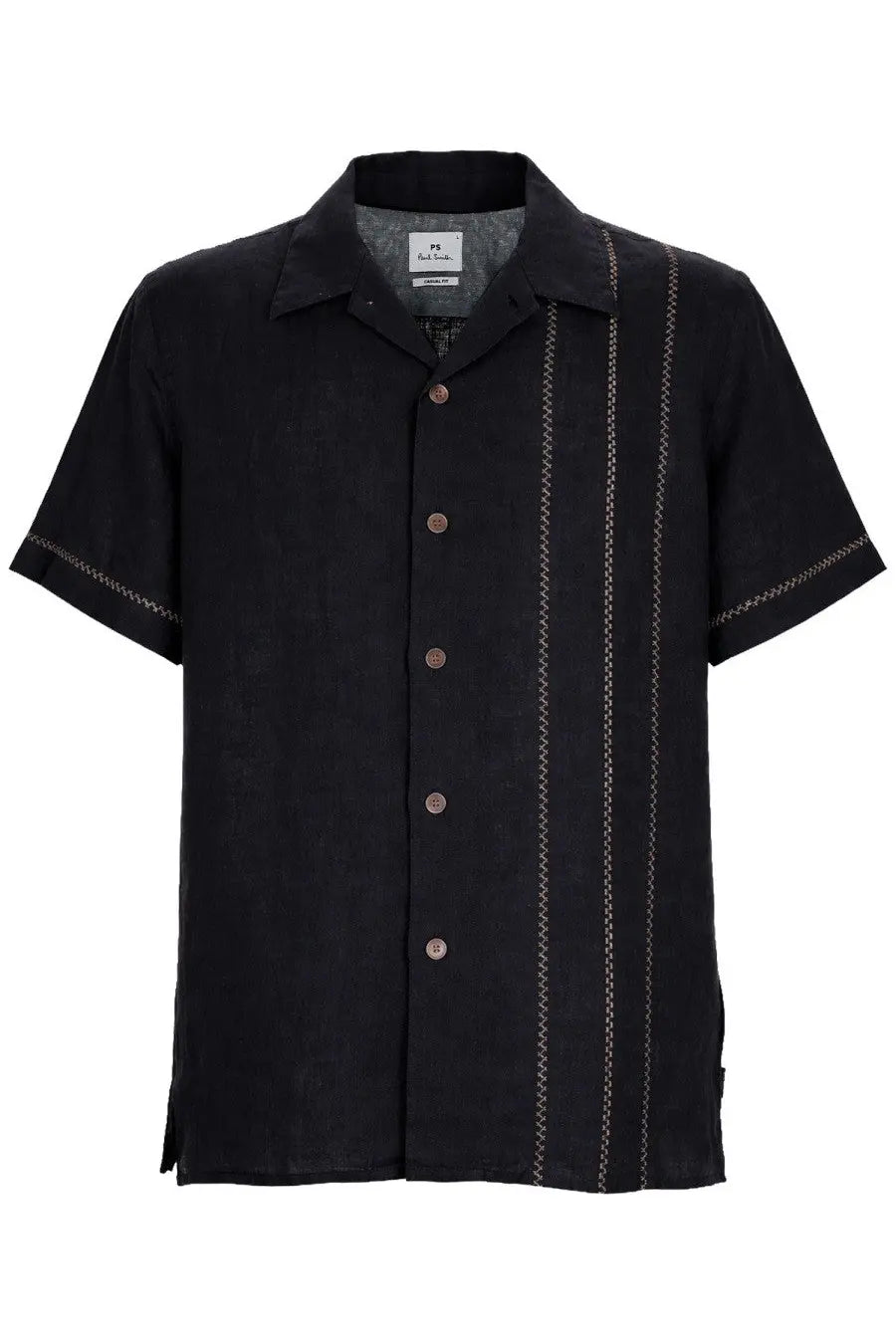 Ps by paul smith men’s black short-sleeved button-up shirt with silver chain-stitch detailing on linen fabric