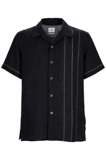 Ps by paul smith men’s black short-sleeved button-up shirt with silver chain-stitch detailing on linen fabric