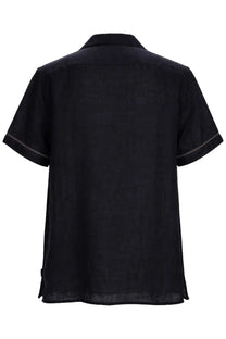 Ps by paul smith mens black short-sleeved linen shirt with subtle white zigzag stitching on cuffs and hem