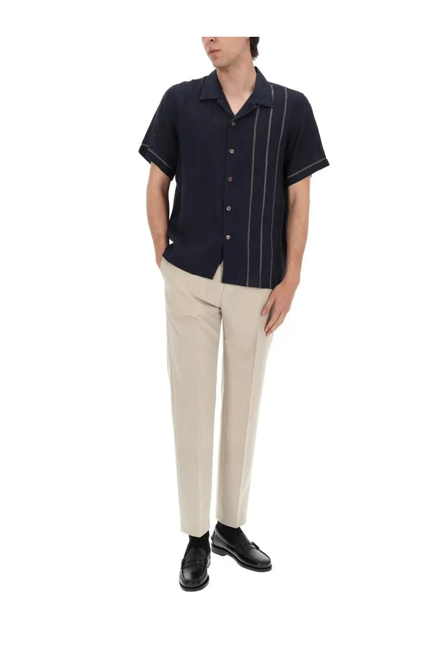 Ps by Paul Smith men’s camicia linen blue short-sleeved button-up shirt with subtle white vertical stitching accents