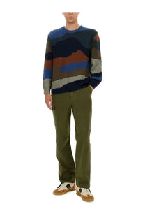 Ps by paul smith men’s green cargo pants styled with a multicolored blue navy brown gray abstract mountain sweater