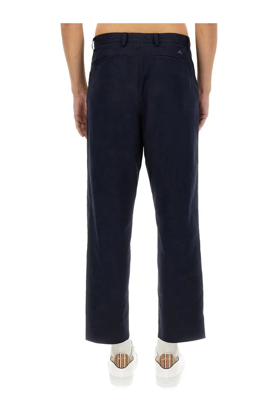 Ps by paul smith men’s cotton pants blue showing the back with dark navy chino trousers and subtle pleats