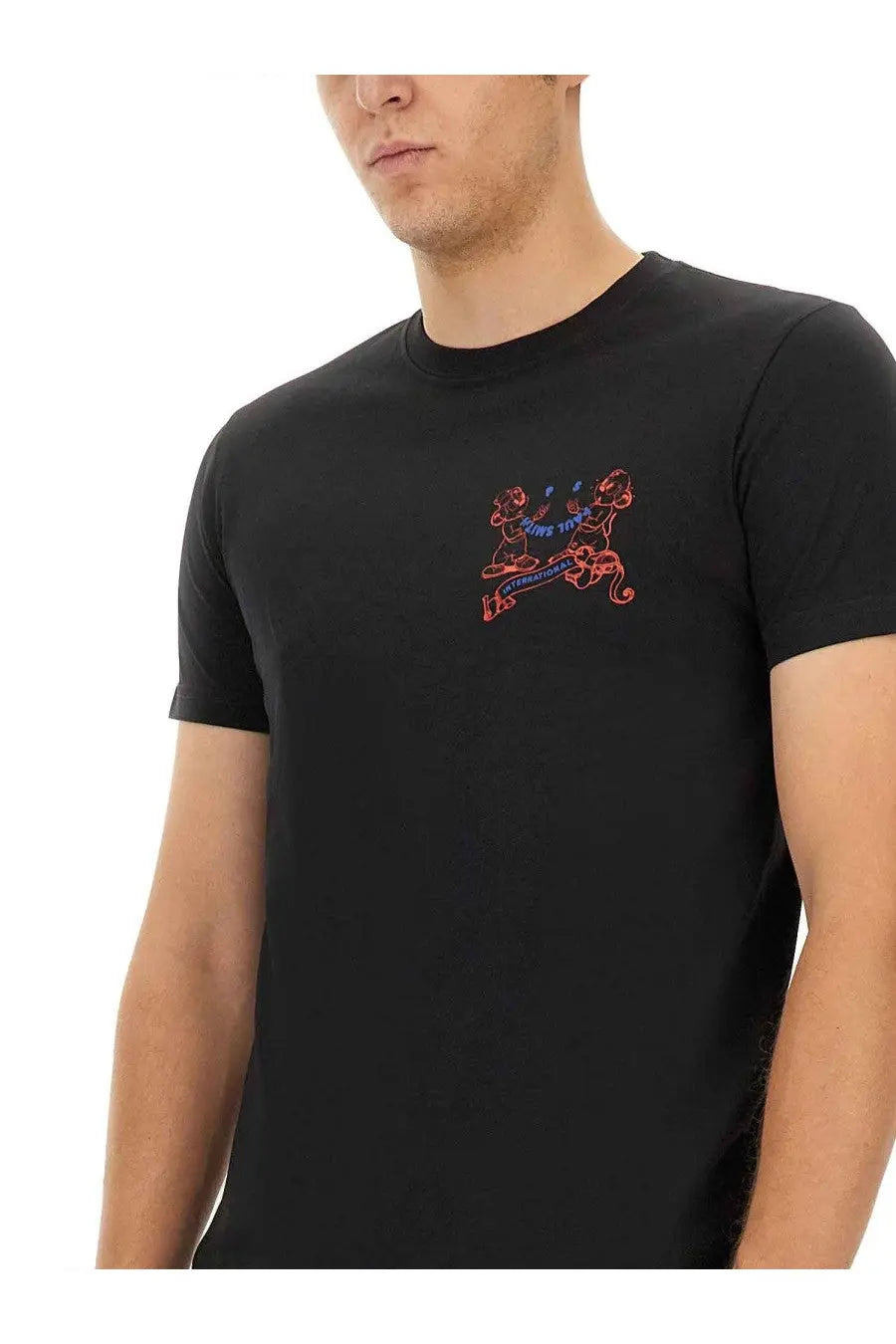 Ps by Paul Smith men’s black cotton short-sleeved t-shirt with colorful embroidered monkeys and live the international text