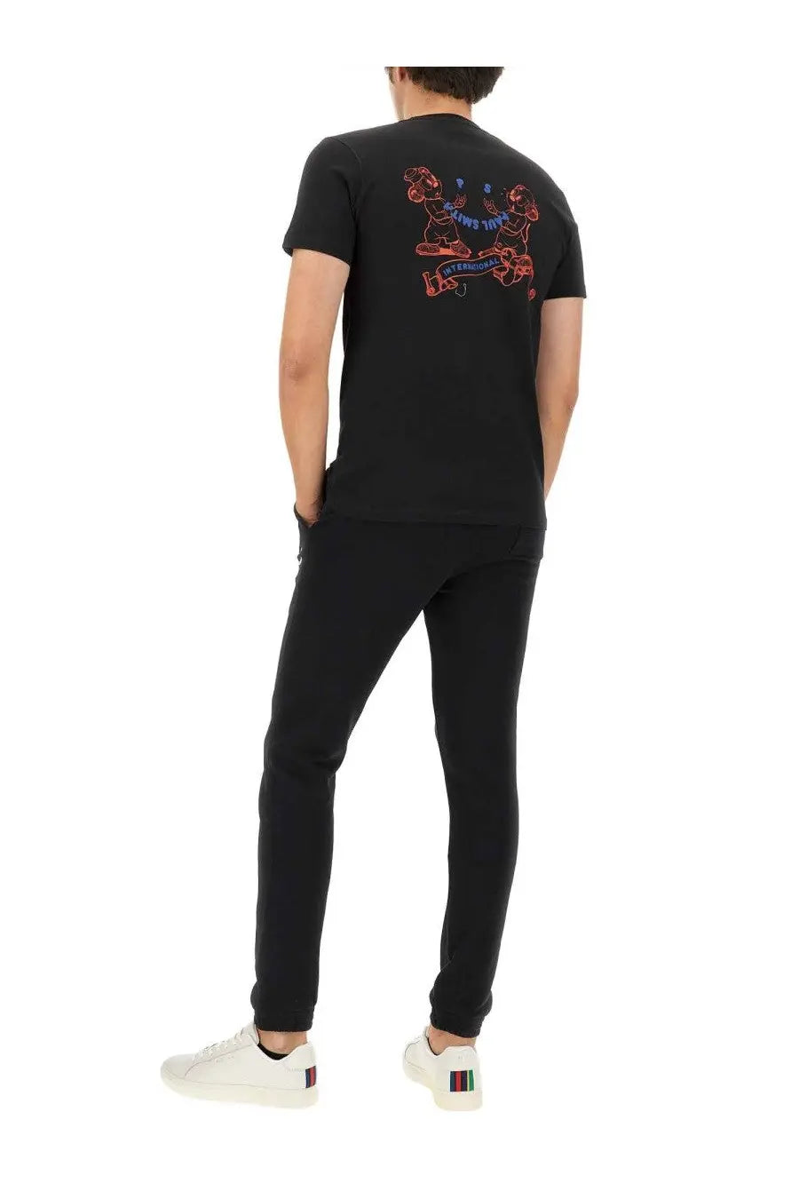 Back of ps by paul smith men’s black cotton t shirt with vibrant red and blue cartoon graphic design