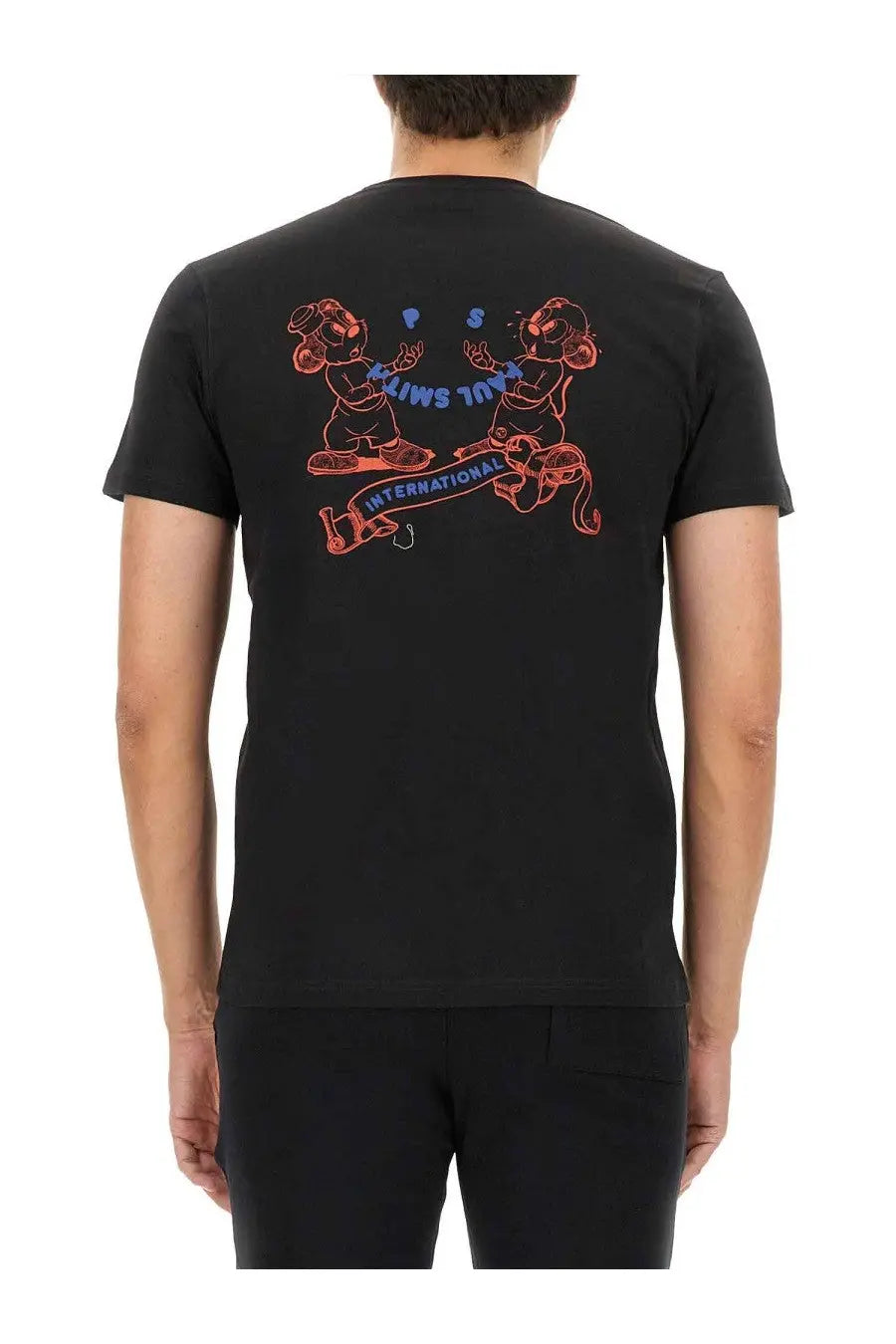 Black cotton ps by paul smith men’s t-shirt showing vibrant orange and blue cartoon graphic on the back