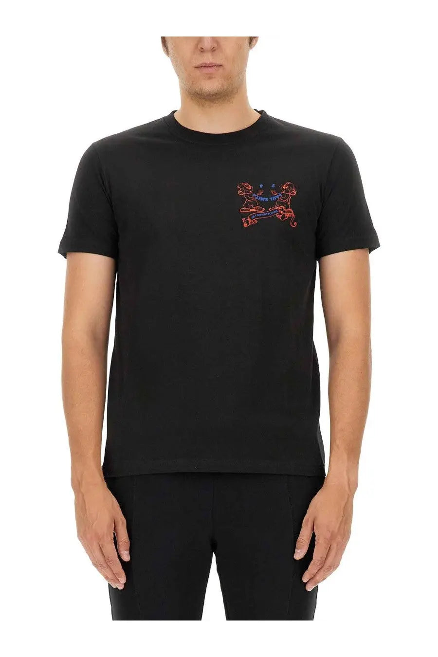 Ps by paul smith men’s black cotton t-shirt with vibrant red and blue embroidered stylized figures on left chest