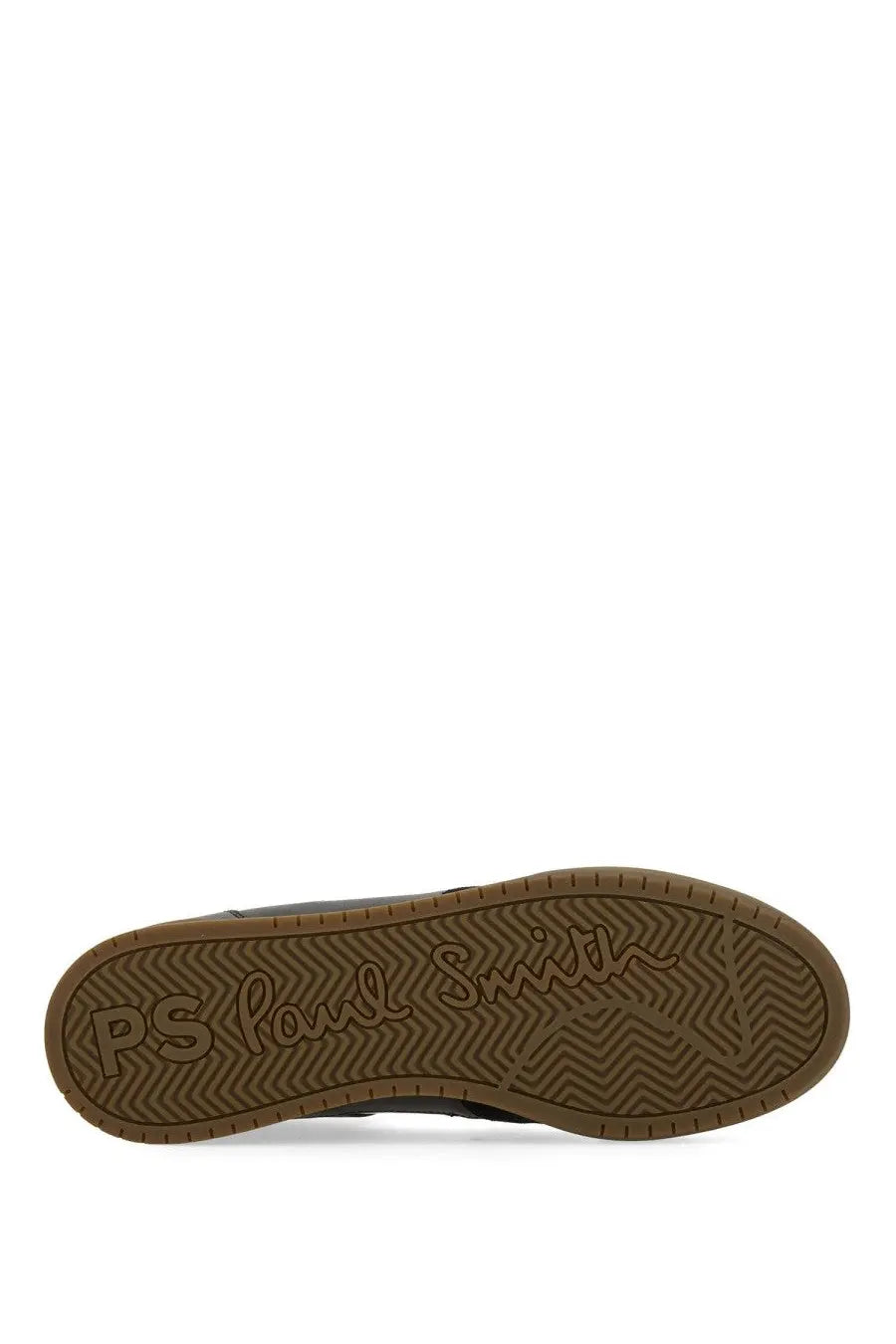 Brown rubber sole with embossed ps paul smith logo on the back of ps by paul smith men’s dover sneaker black