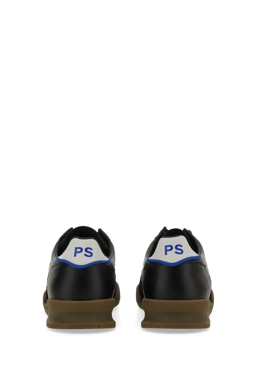 Black leather ps by paul smith men’s dover sneakers with white heel tab blue lettering and tan rubber sole back view