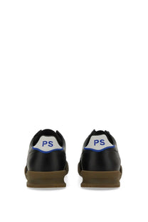 Black leather ps by paul smith men’s dover sneakers with white heel tab blue lettering and tan rubber sole back view
