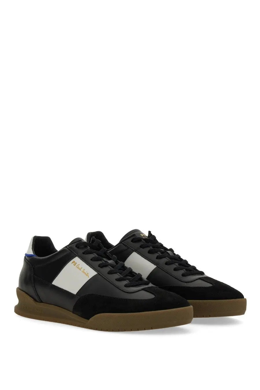 Ps By Paul Smith men’s dover sneaker black with black and white suede upper tan rubber sole and gold branding on side