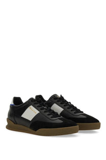 Ps By Paul Smith men’s dover sneaker black with black and white suede upper tan rubber sole and gold branding on side