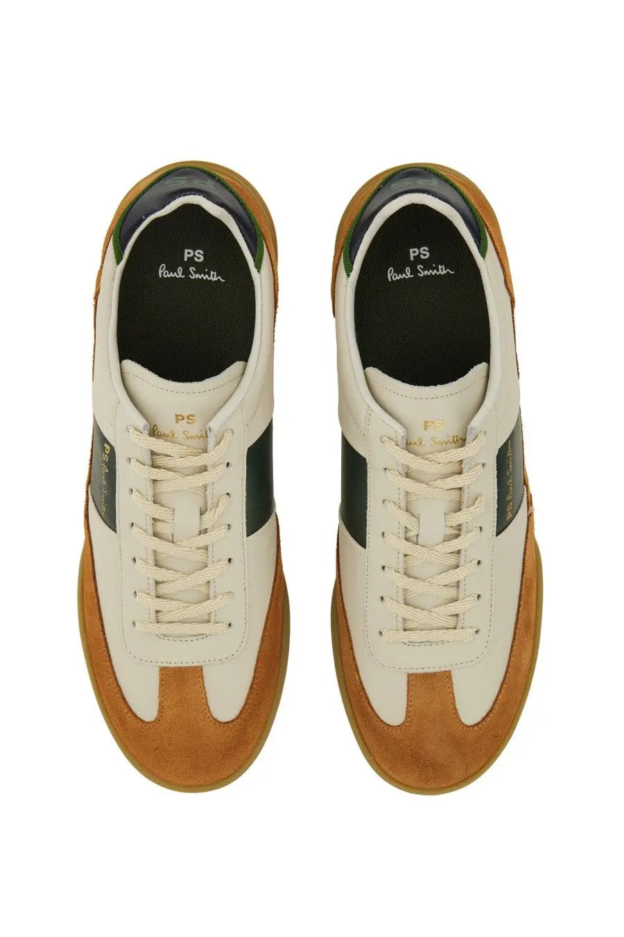 Ps by Paul Smith men’s Dover sneaker white in cream suede and leather with dark green side panels and tan rubber soles