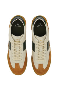 Ps by Paul Smith men’s Dover sneaker white in cream suede and leather with dark green side panels and tan rubber soles