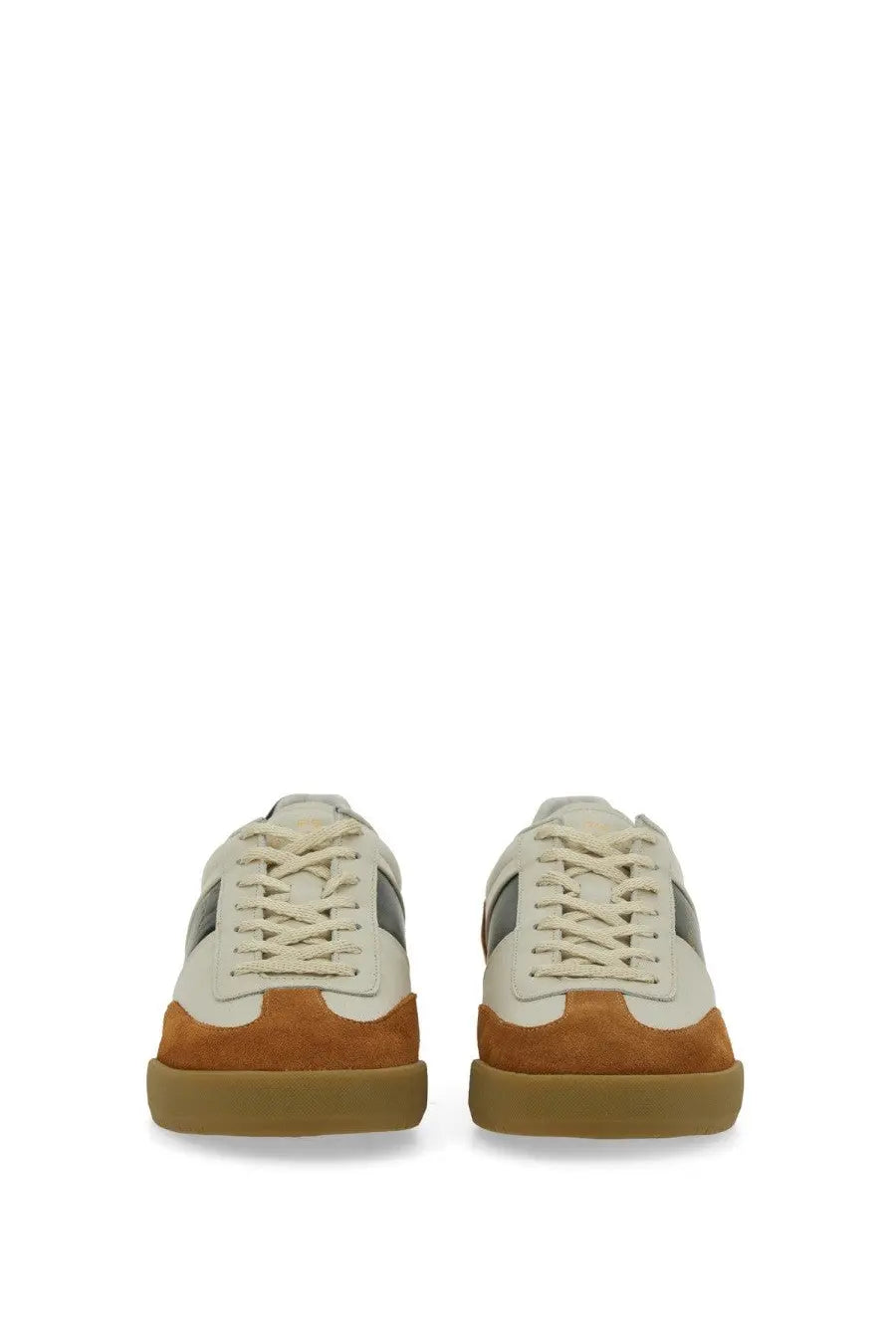 Ps by Paul Smith men’s Dover sneaker in cream and tan suede with gray side panels and gum rubber sole
