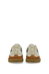 Ps by Paul Smith men’s Dover sneaker in cream and tan suede with gray side panels and gum rubber sole