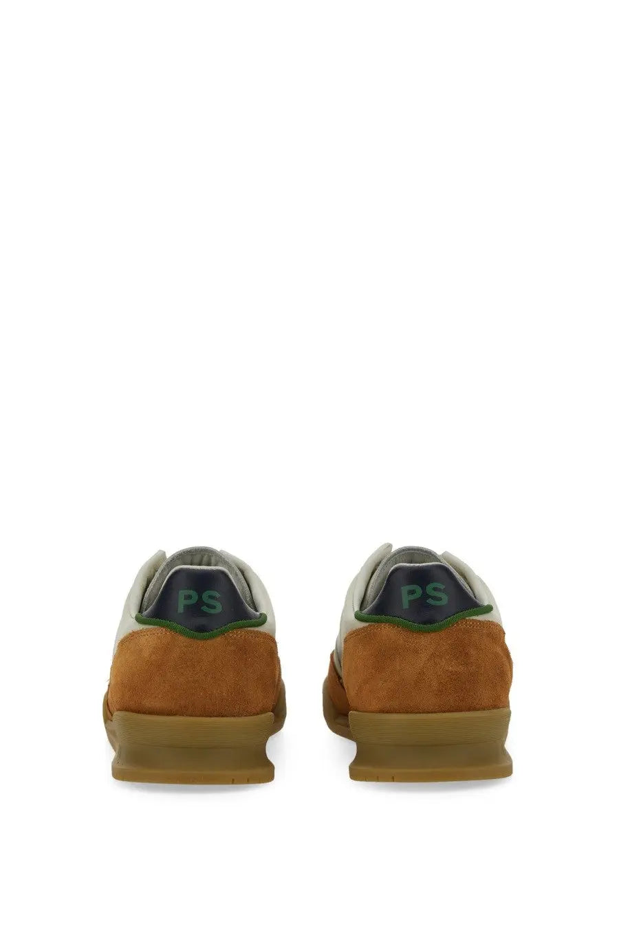Back view of ps by paul smith men’s dover low-top sneakers in tan suede and white leather with green ps logo