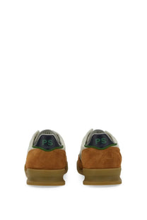 Back view of ps by paul smith men’s dover low-top sneakers in tan suede and white leather with green ps logo