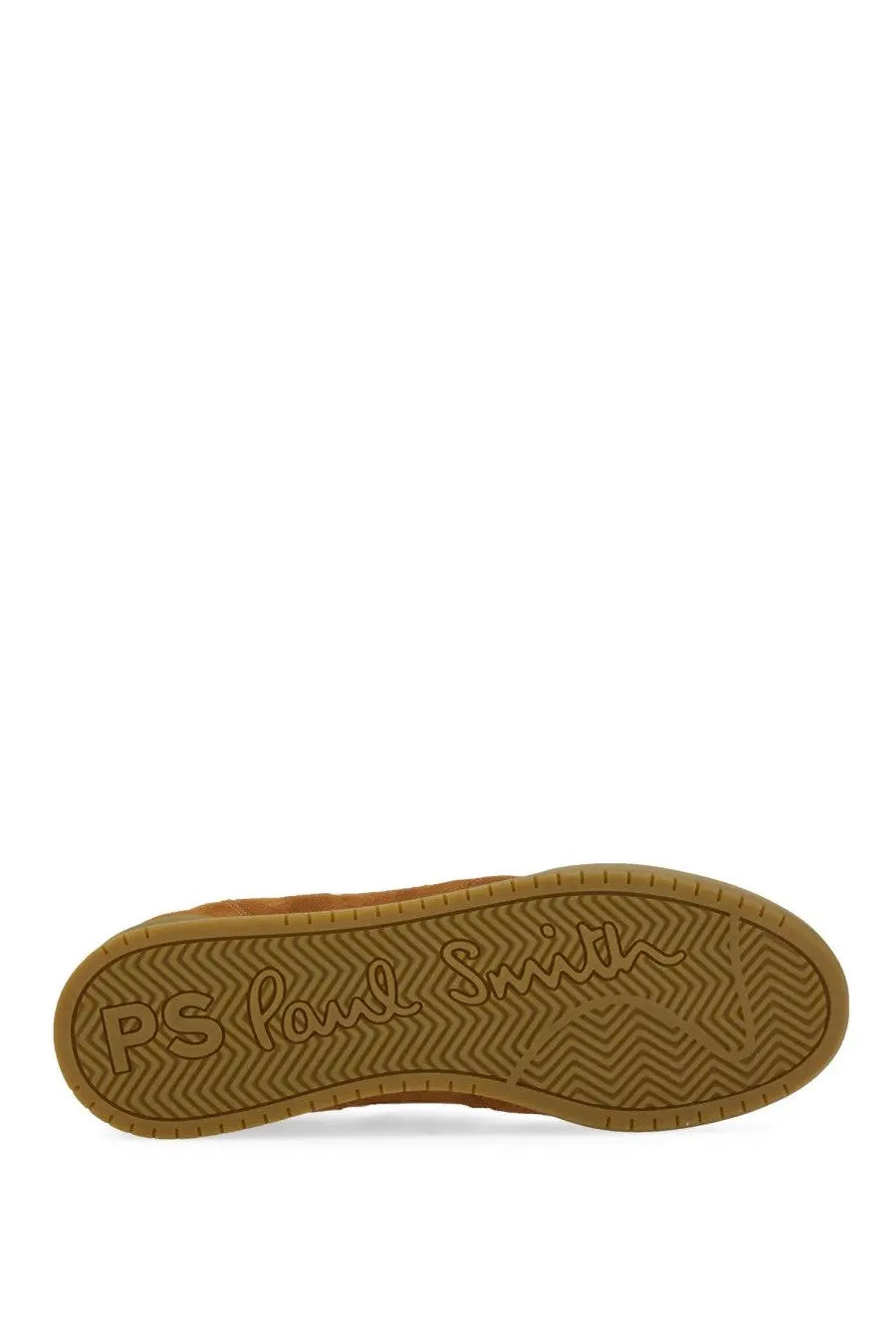 Tan suede ps by paul smith low-top sneaker with gum rubber sole embossed with ps logo and brand name in signature script