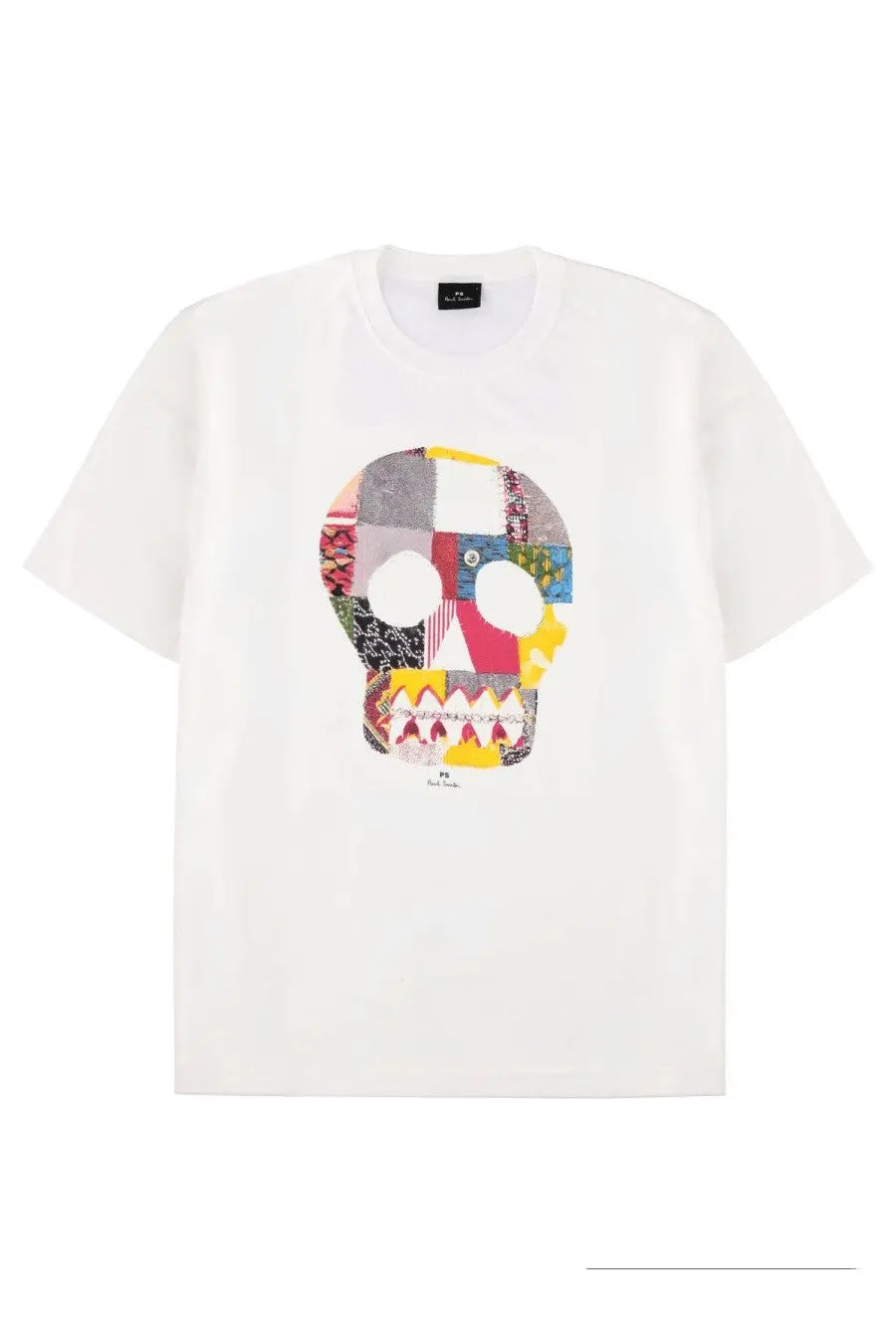 Ps by Paul Smith men’s white cotton t-shirt with vibrant patchwork skull design featuring multicolored fabric pieces