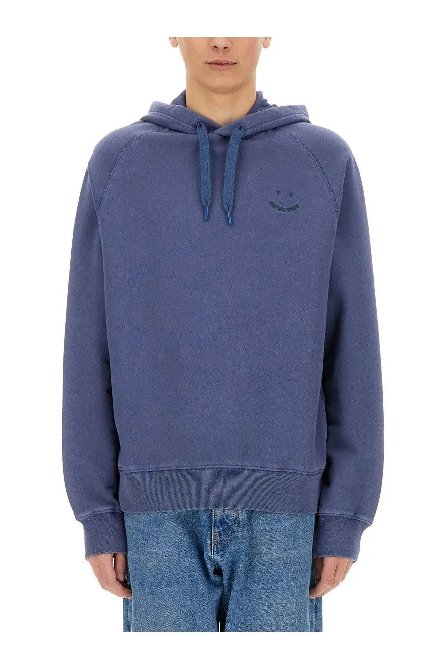 Ps By Paul Smith men’s blue cotton hoodie with subtle embroidered smiley face and matching drawstrings on the chest