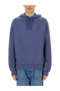 Ps By Paul Smith men’s blue cotton hoodie with subtle embroidered smiley face and matching drawstrings on the chest