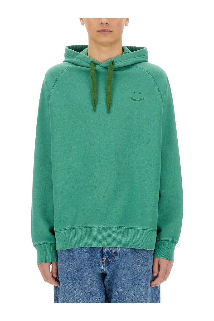 Ps by Paul Smith men’s green hooded sweatshirt with matching drawstrings and embroidered smile logo on chest