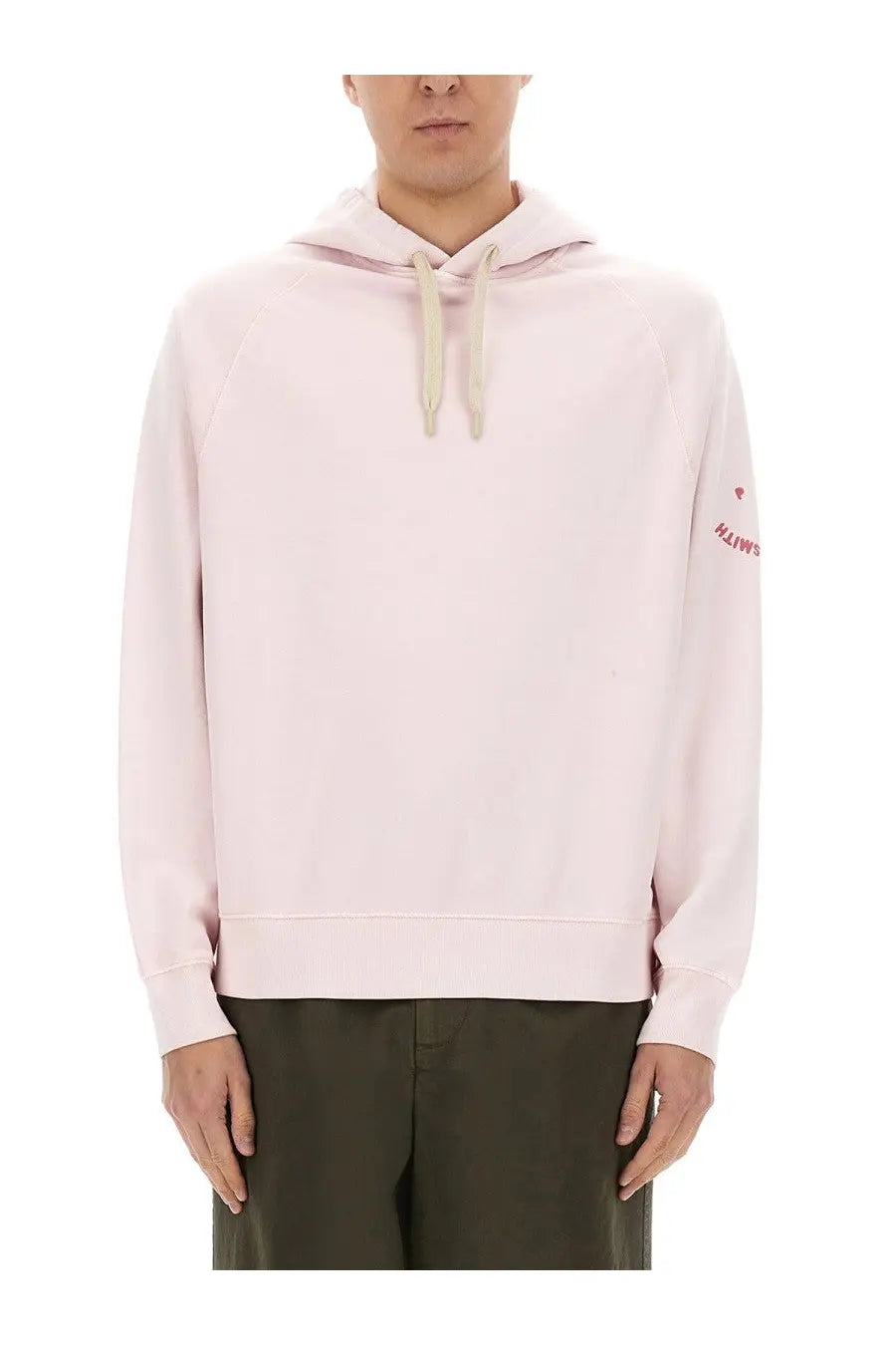 Men’s ps by paul smith happy sweatshirt soft pink hooded with cream drawstrings and red logo on left sleeve