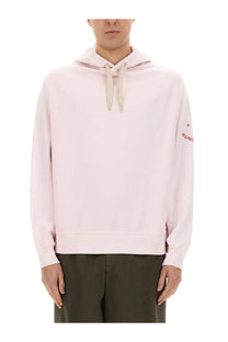 Men’s ps by paul smith happy sweatshirt soft pink hooded with cream drawstrings and red logo on left sleeve