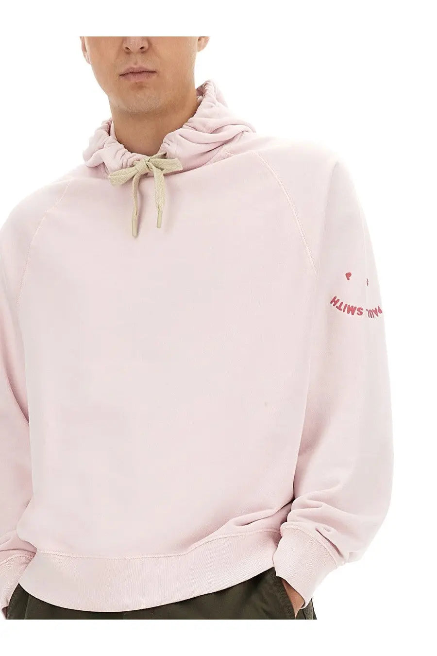 Ps by paul smith men’s happy sweatshirt blue featuring a soft pink hoodie with ribbed drawstring and red sleeve text