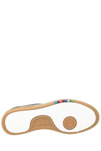 Ps by paul smith men’s hillstar sneaker black with white rubber sole tan gum outsole and colorful rainbow stripe edge