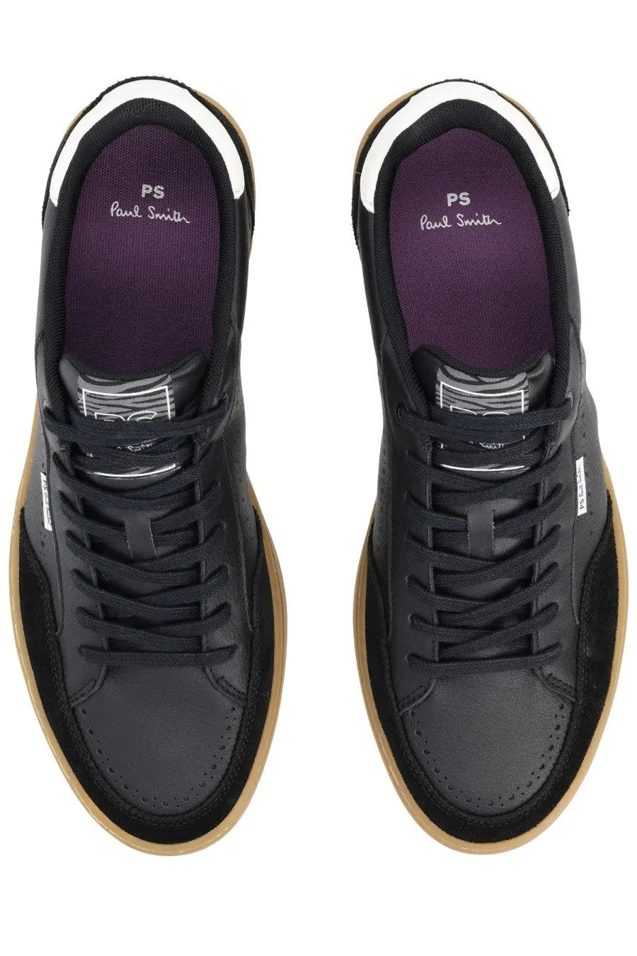 Ps by paul smith men’s hillstar sneaker black with suede and leather uppers, tan rubber soles, and purple heel lining