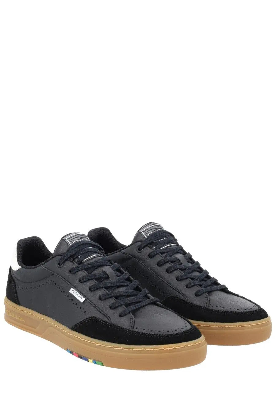 Ps By Paul Smith men’s hillstar sneaker black with black and tan suede and leather and a rainbow stripe sole