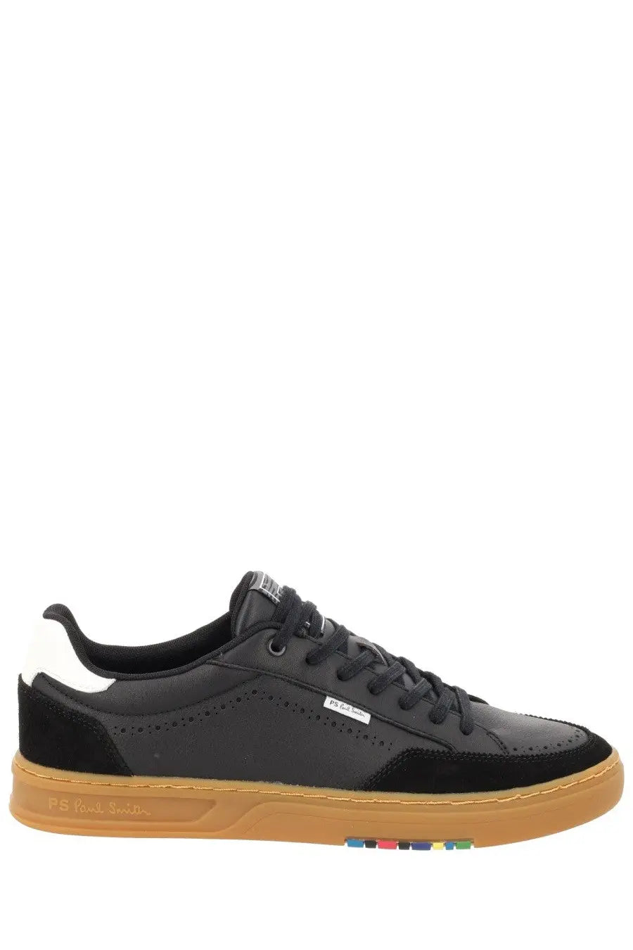 Ps by paul smith men’s hillstar sneaker black black and white suede and leather low-top with tan sole and rainbow stripes