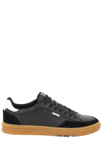 Ps by paul smith men’s hillstar sneaker black black and white suede and leather low-top with tan sole and rainbow stripes