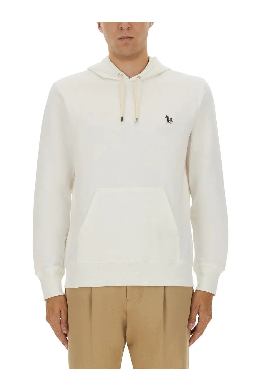 Ps by Paul Smith men’s white cotton hoodie with small black embroidered horse logo and matching drawstrings on chest