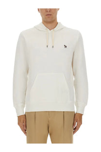 Ps by Paul Smith men’s white cotton hoodie with small black embroidered horse logo and matching drawstrings on chest