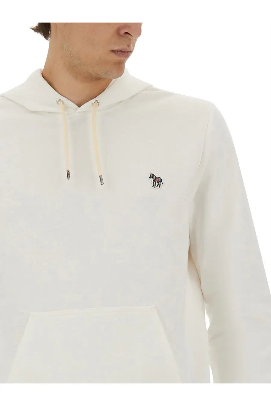 Ps by Paul Smith men’s white cotton hoodie with cream drawstrings and small embroidered horse on the chest
