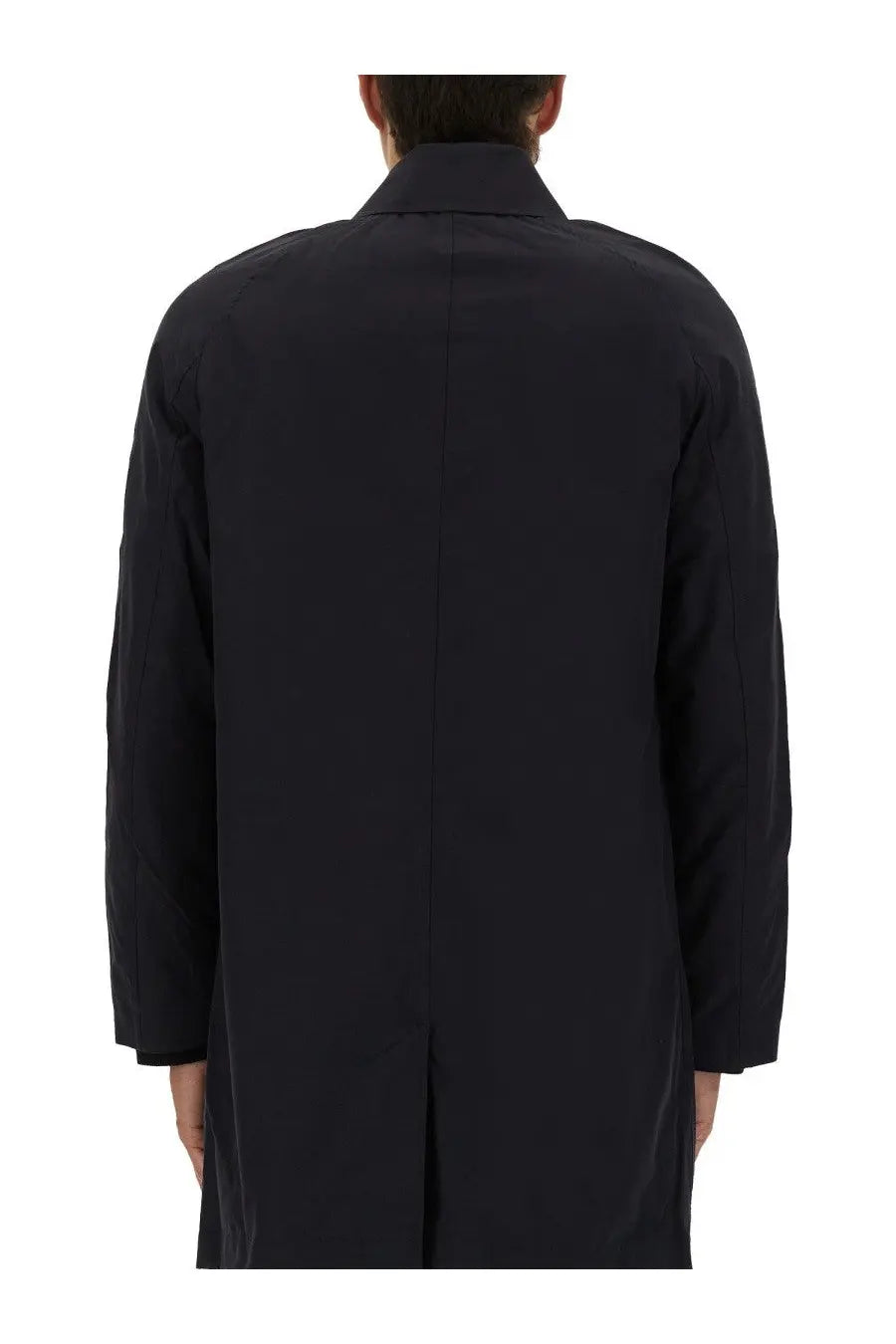 Black trench coat by ps by paul smith with structured collar lightweight waterproof blue material and minimalist design