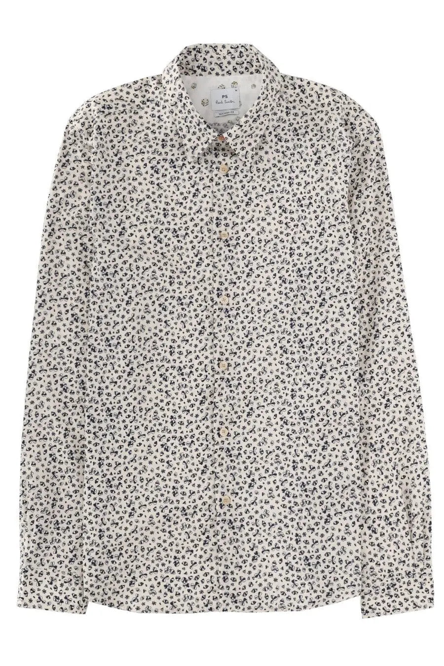 Ps by Paul Smith men’s white button-down shirt with black floral print long sleeves and classic collar