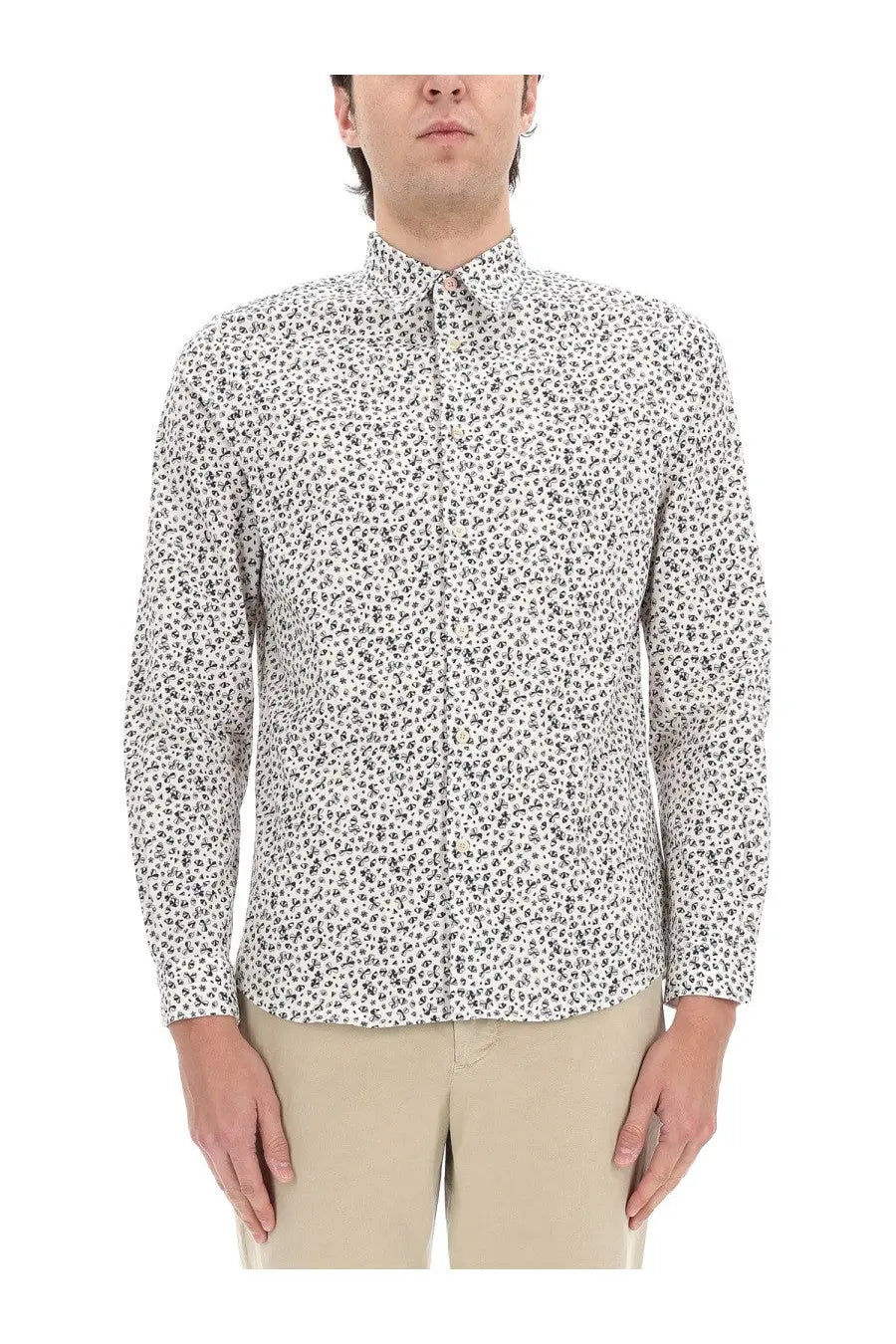 Ps by paul smith men’s white long-sleeved button-up shirt with delicate black floral print pattern