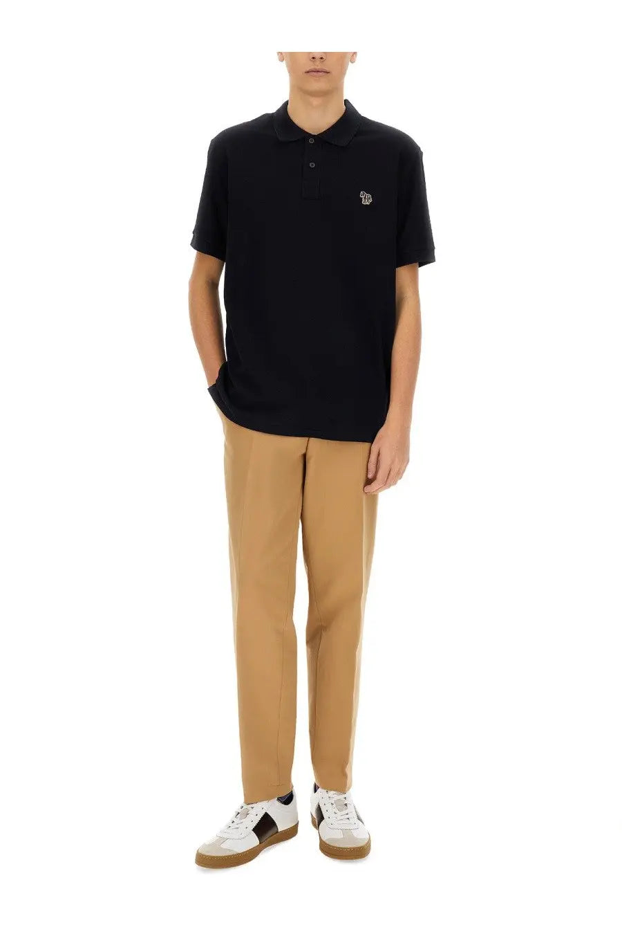 Black short-sleeved polo shirt with small embroidered logo on left chest from ps by paul smith men’s regular fit collection
