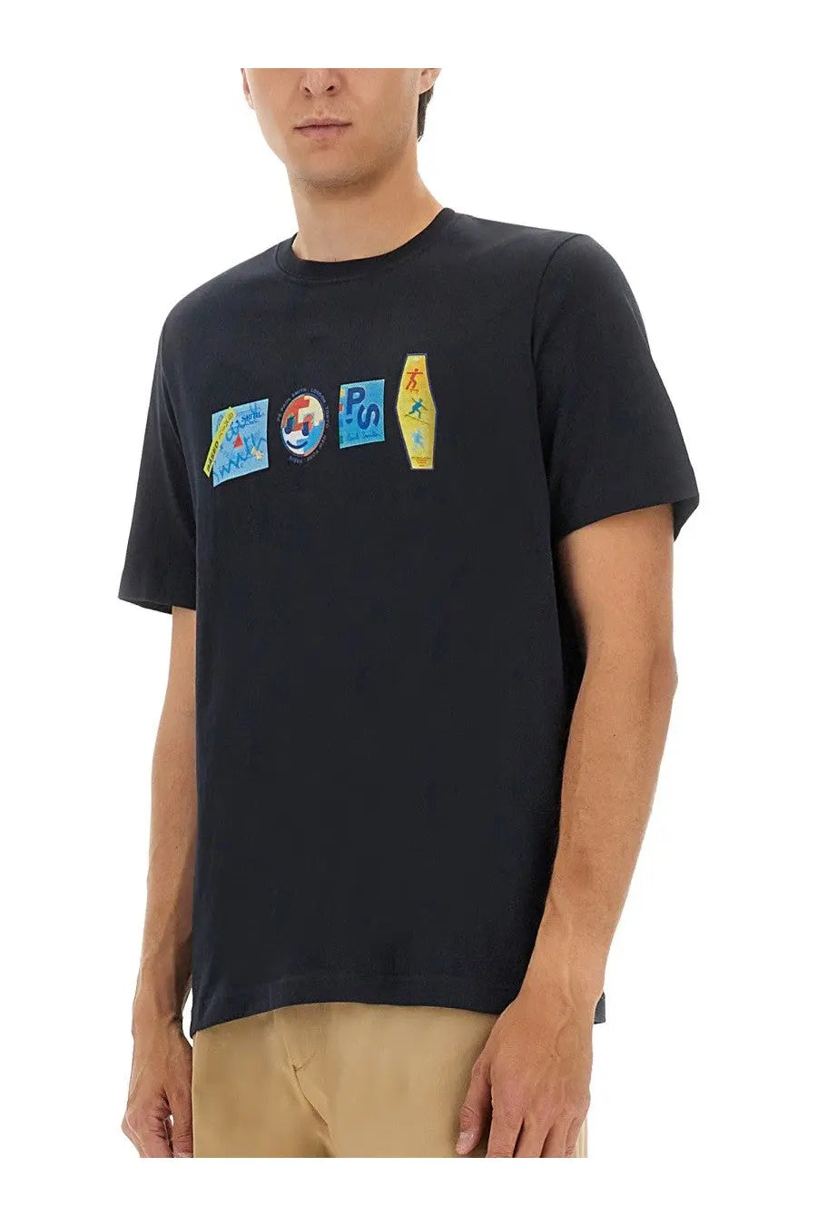 Black short-sleeved ps by paul smith mens regular fit shirt with colorful embroidered chest patches