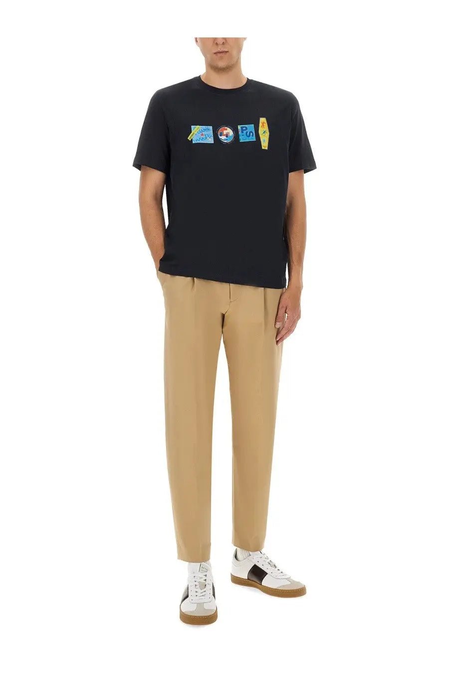 Black short-sleeved t-shirt with colorful sticker graphic print on chest ps by paul smith regular fit shirt blue