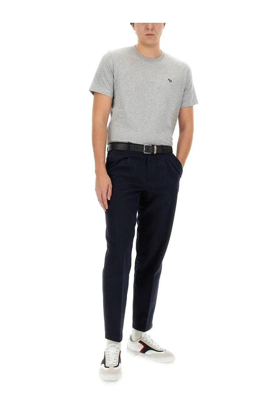 A man wearing a ps by paul smith men’s regular fit grey shirt with light gray texture and small embroidered logo