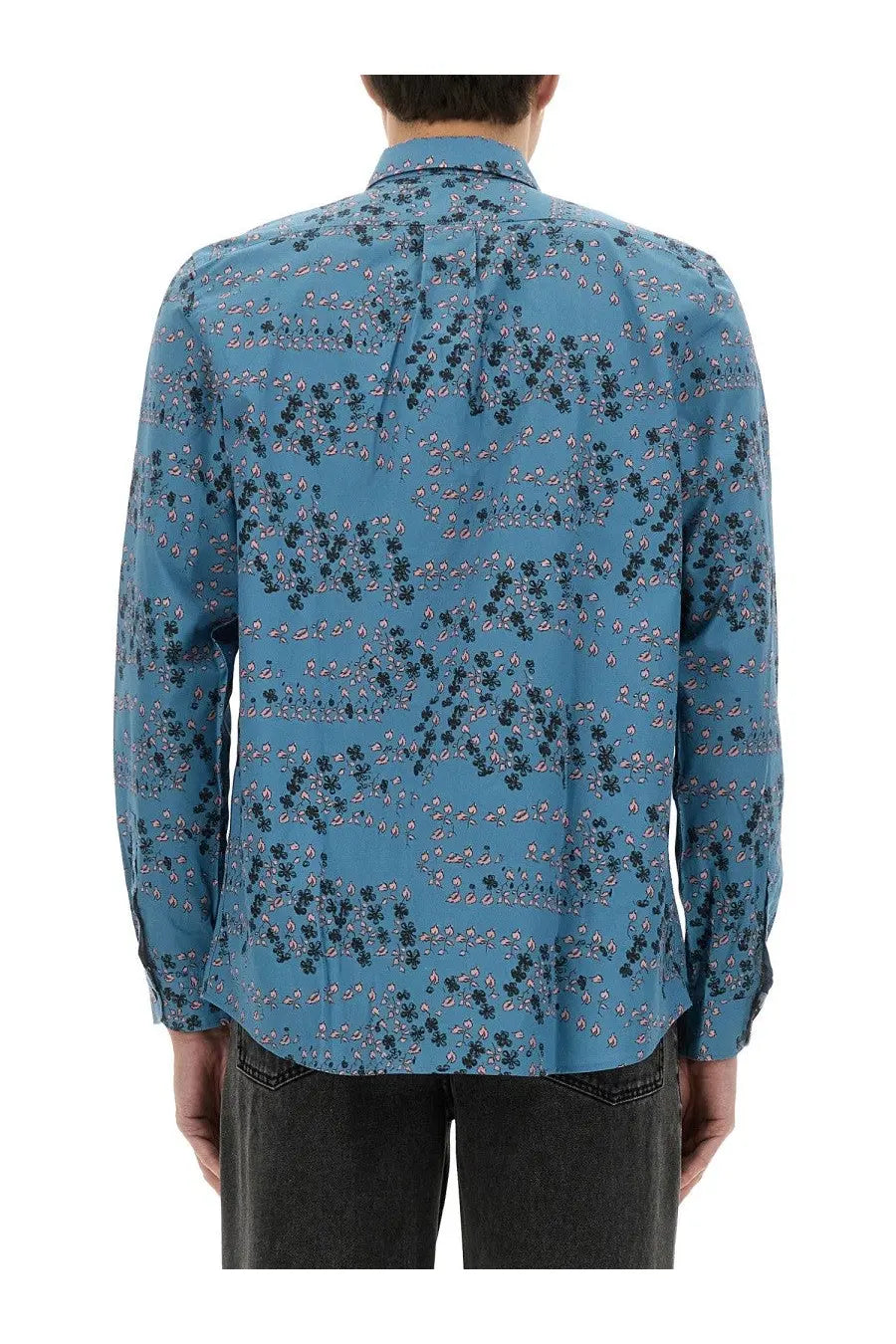 Ps by Paul Smith men’s regular fit blue long-sleeved shirt with delicate dark green and pink floral pattern