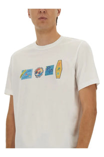 Ps By Paul Smith men’s regular fit white cotton t-shirt with colorful retro-style graphic patch designs on front