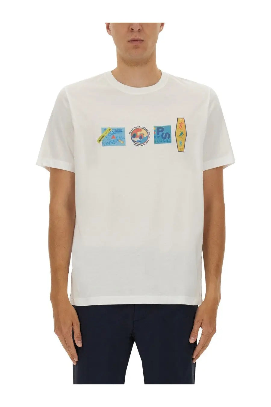 White cotton ps by paul smith men’s regular fit t-shirt with colorful vintage patch graphics across the chest